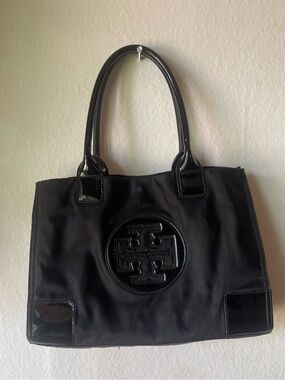 Tory Burch Black Nylon Tote with Patent Trim and Logo Medallion